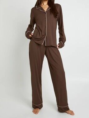Express Brown Pajama Set with Cream Piping Top M Pant L